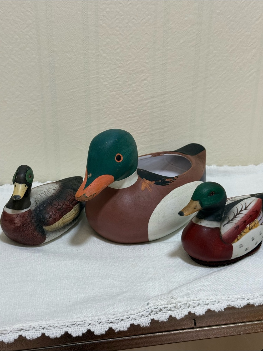 Mallard Duck Figurines Set Lot of 3. 1 planter, 1 lint brush bottom